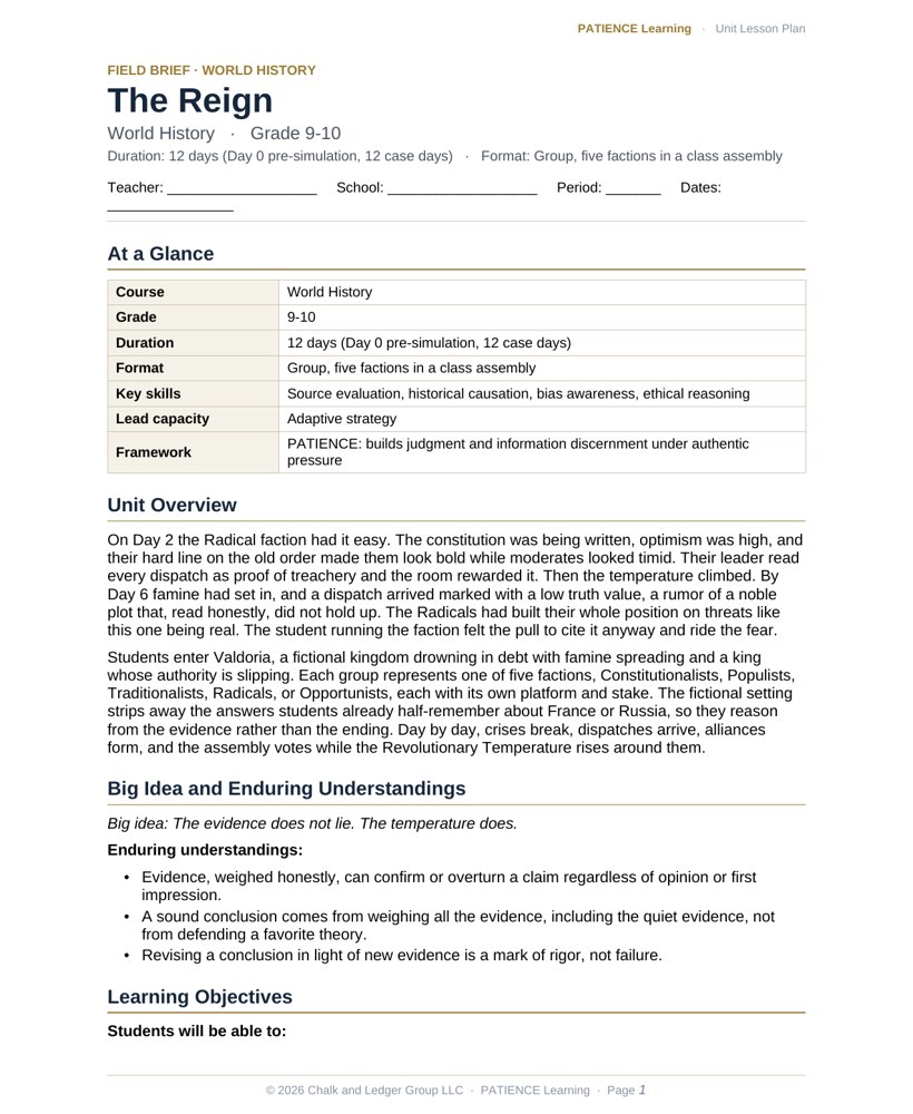 The included admin-ready lesson plan for The Reign, first page