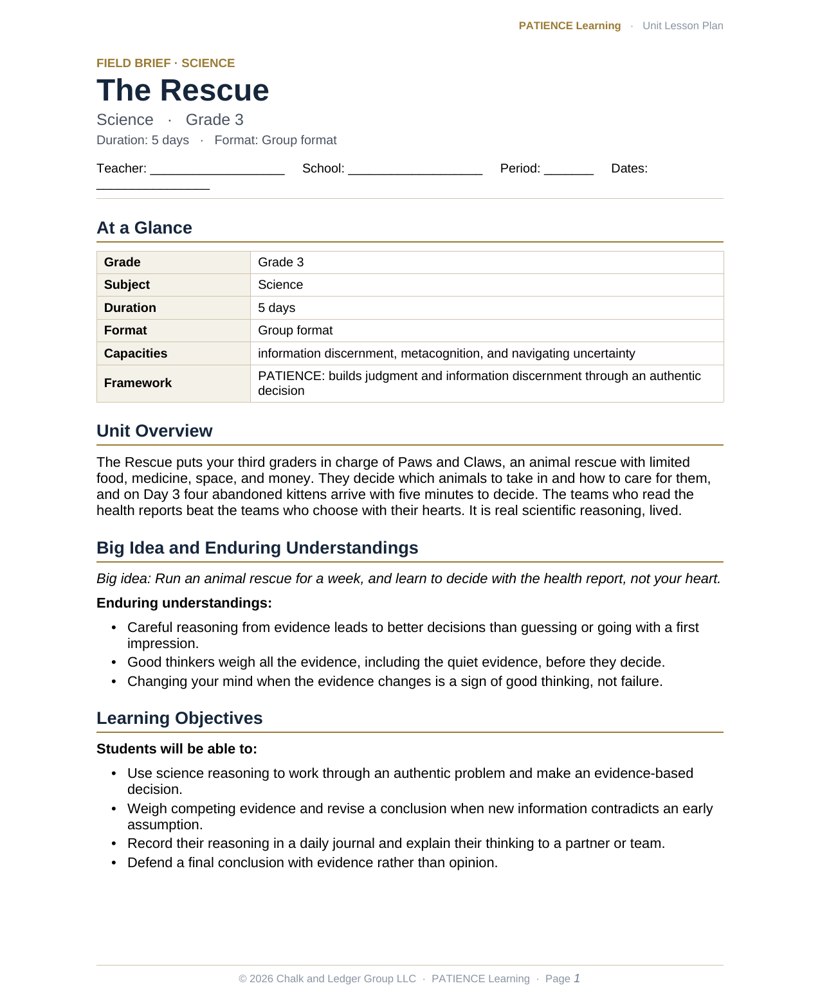 The included admin-ready lesson plan for The Rescue, first page