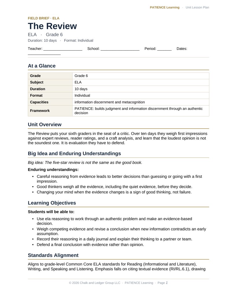 The included admin-ready lesson plan for The Review, first page