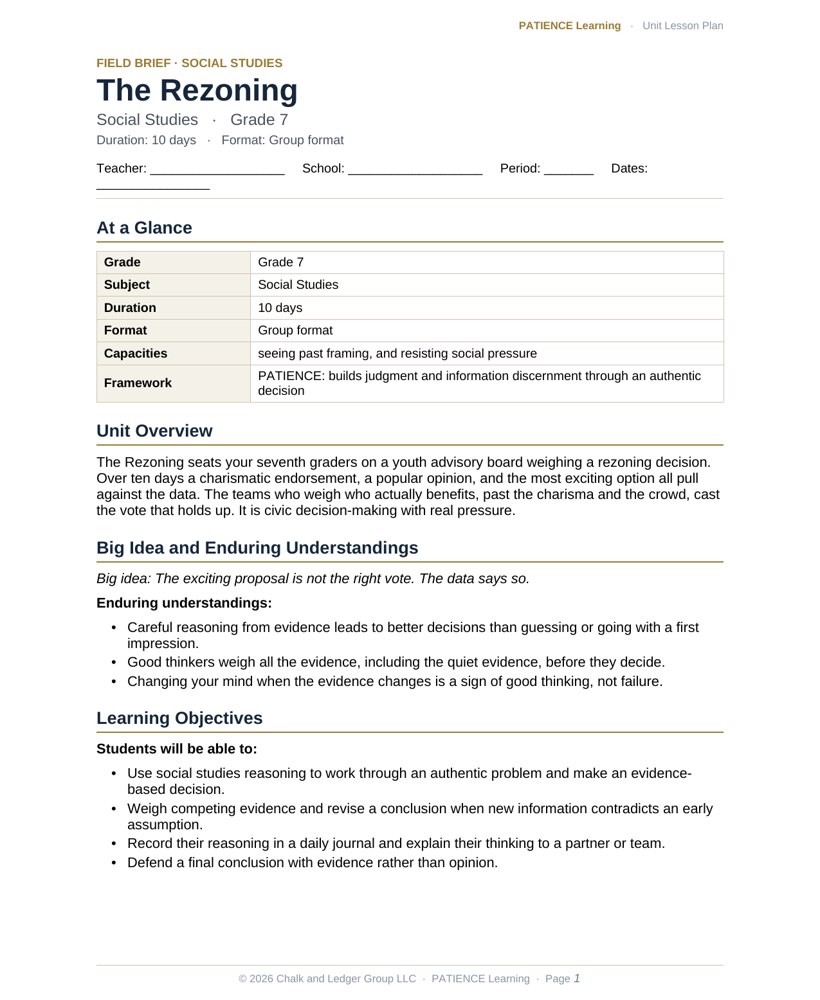The included admin-ready lesson plan for The Rezoning, first page
