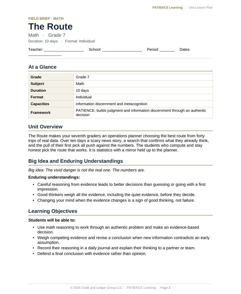 The included admin-ready lesson plan for The Route, first page