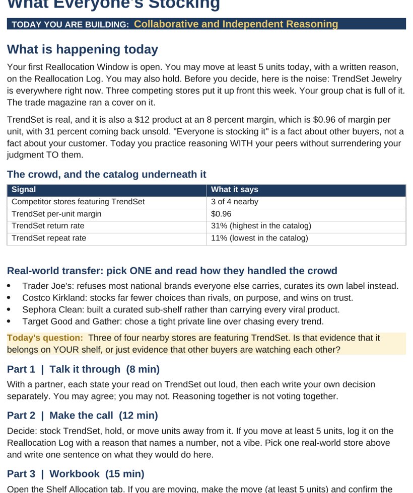 A student decision page showing a reallocation window with unit counts, performance signals, and a required journal entry.
