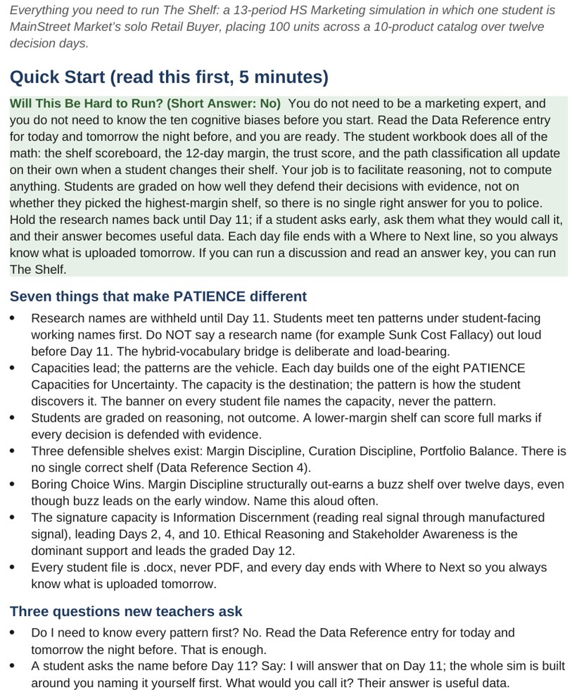 The teacher guide showing a scripted daily session with facilitation notes, the bias in focus, and the counter-argument bank.
