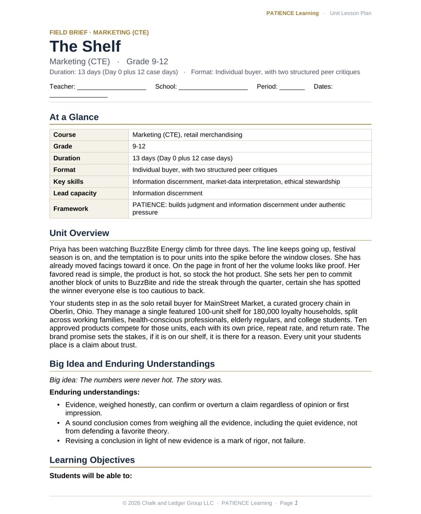 The included admin-ready lesson plan for The Shelf, first page