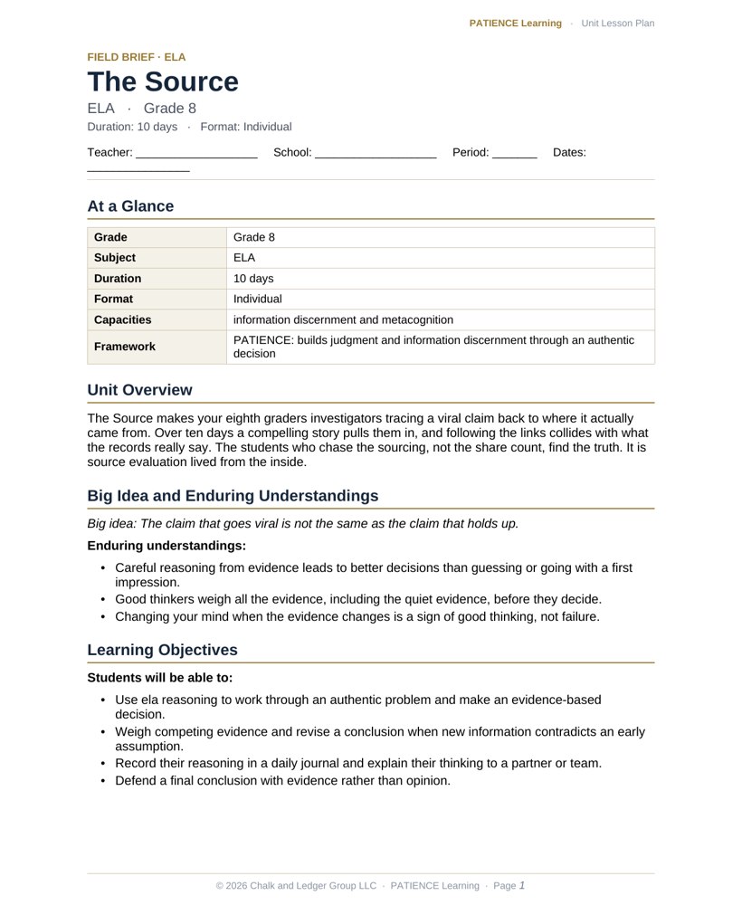 The included admin-ready lesson plan for The Source, first page