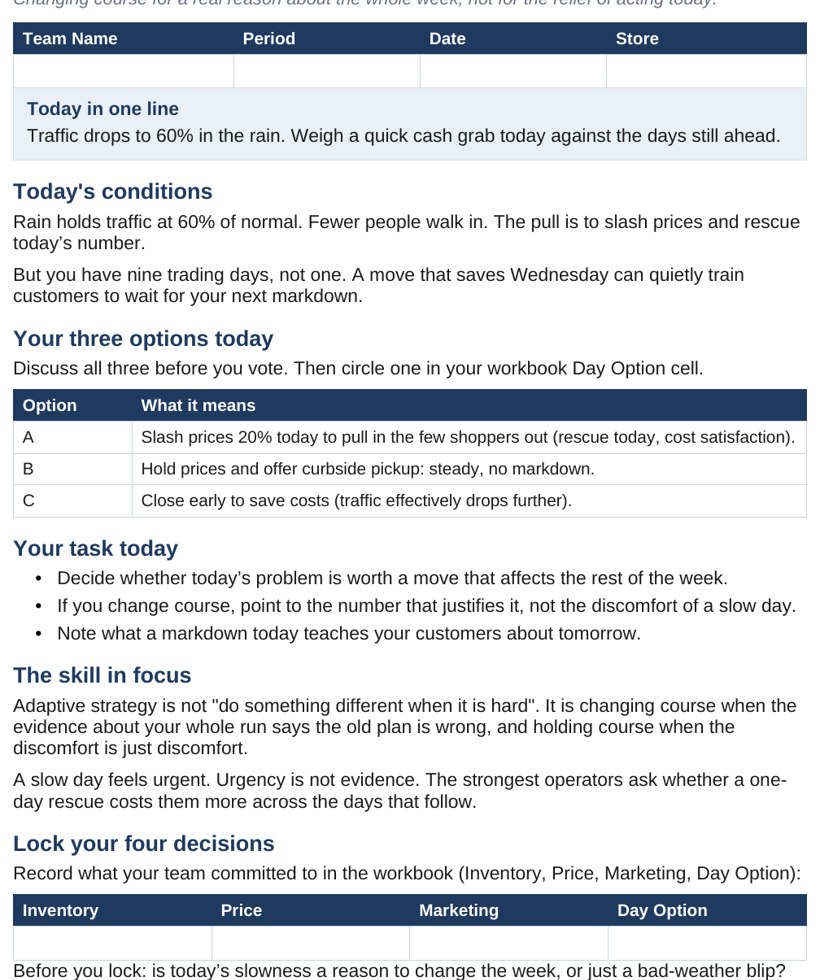 A student decision page showing the day's situation, the inventory, price, and marketing fields, and the running cash and satisfaction readouts.