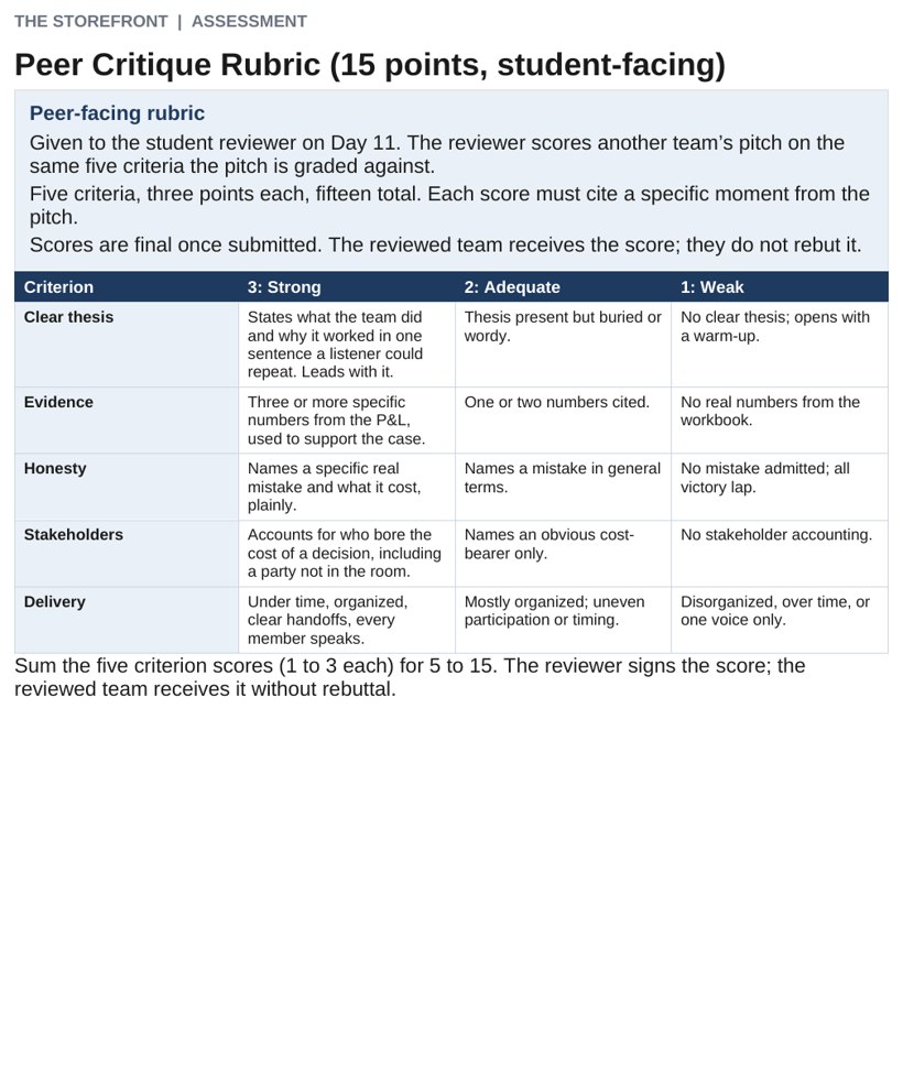 The grading rubric showing diagnostic precision and pattern awareness criteria scored against the daily journal.