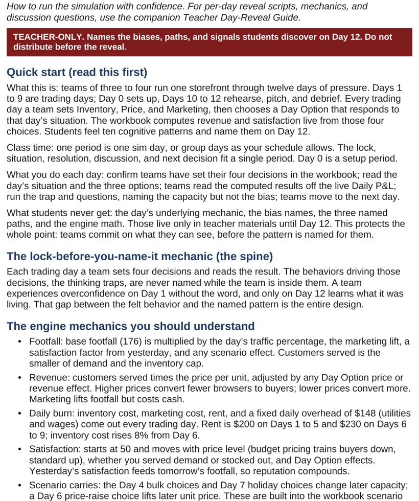 The teacher day-reveal guide showing a one-page read-aloud script for a single trading day.
