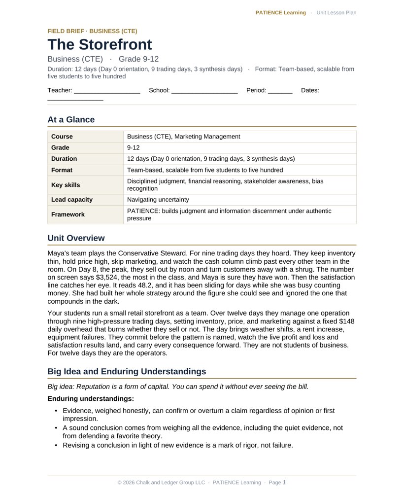 The included admin-ready lesson plan for The Storefront, first page