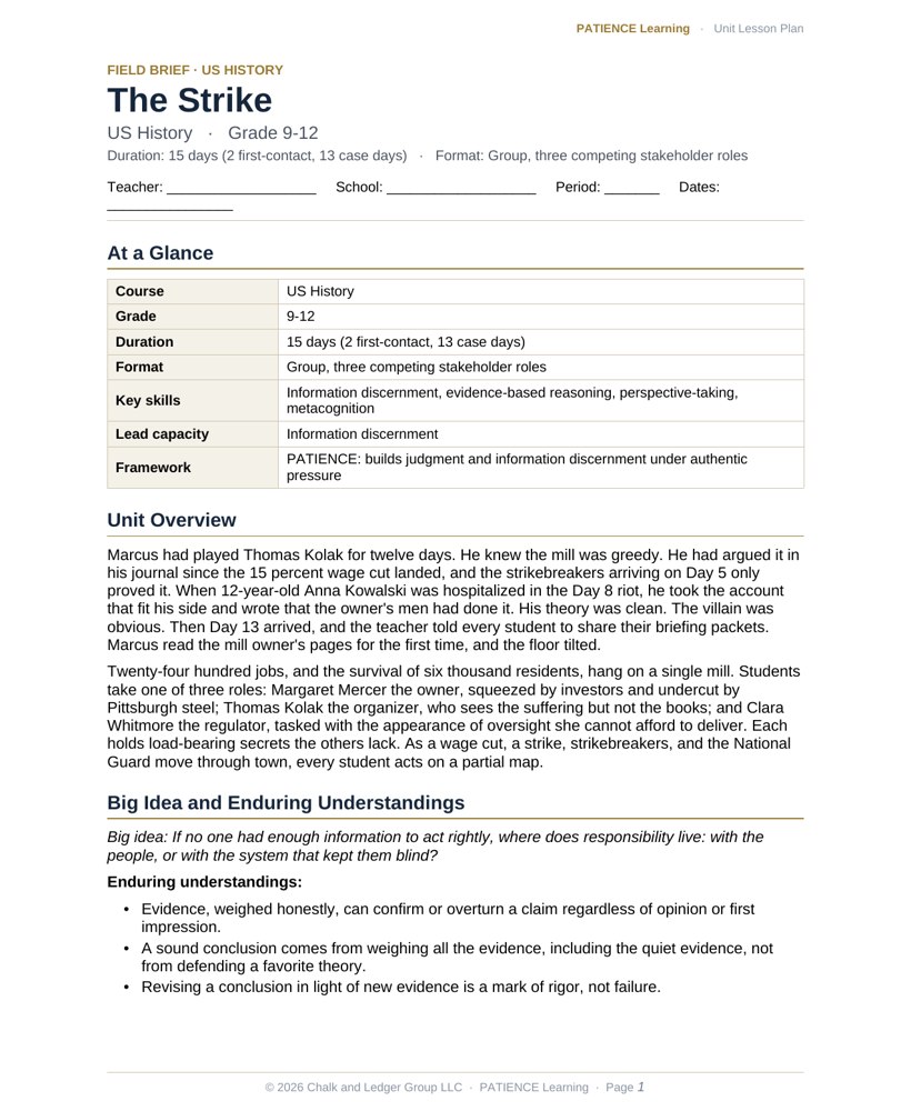 The included admin-ready lesson plan for The Strike, first page