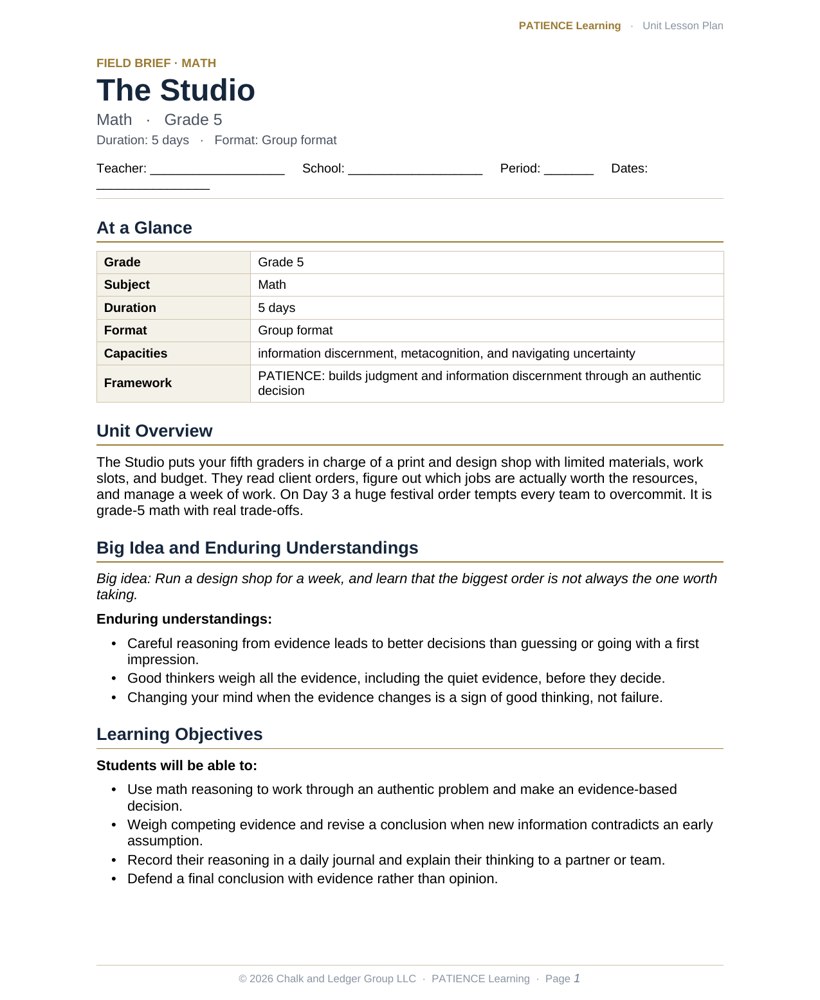 The included admin-ready lesson plan for The Studio, first page