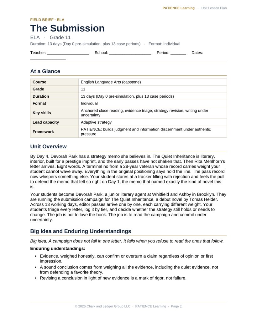 The included admin-ready lesson plan for The Submission, first page