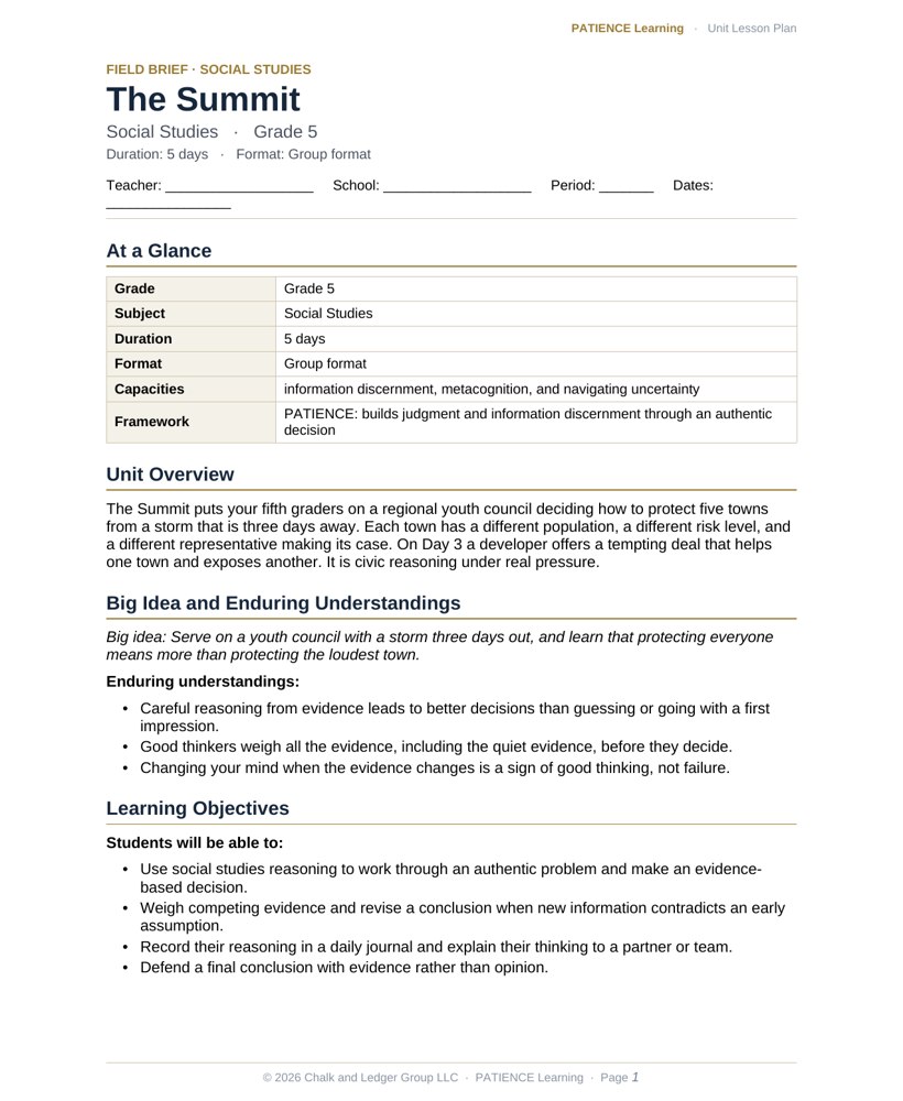 The included admin-ready lesson plan for The Summit, first page