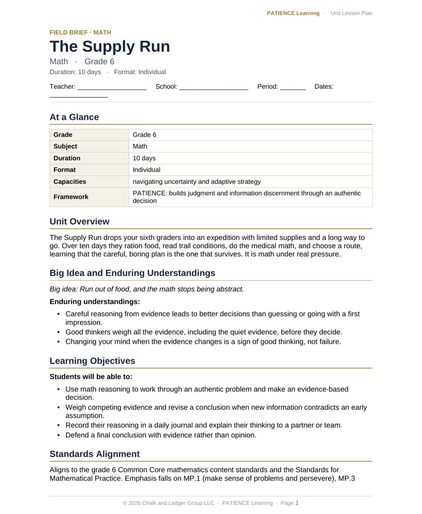 The included admin-ready lesson plan for The Supply Run, first page