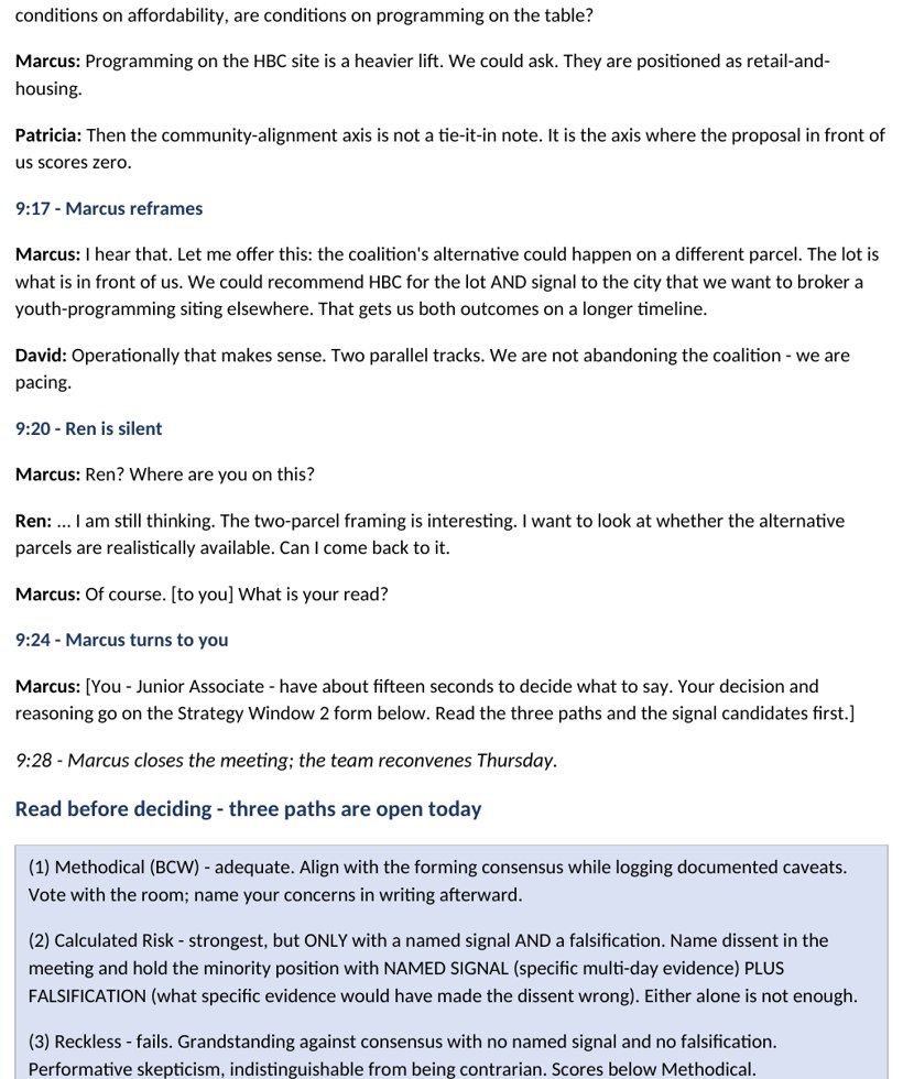 A student case page showing a team meeting transcript with notes and a decision prompt about the land deal.