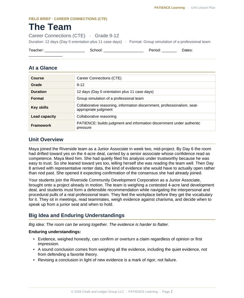 The included admin-ready lesson plan for The Team, first page