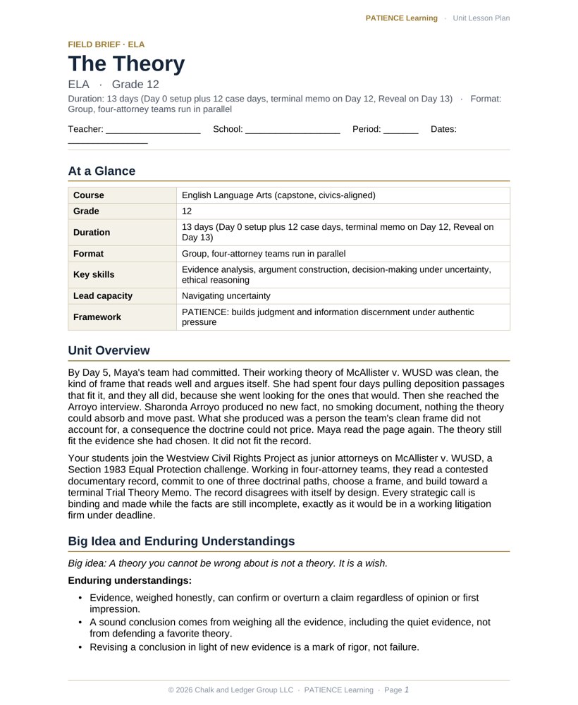 The included admin-ready lesson plan for The Theory, first page