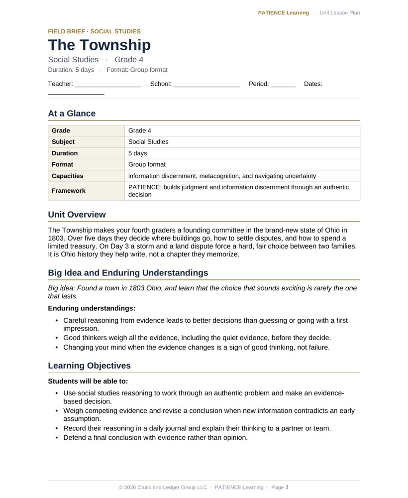 The included admin-ready lesson plan for The Township, first page