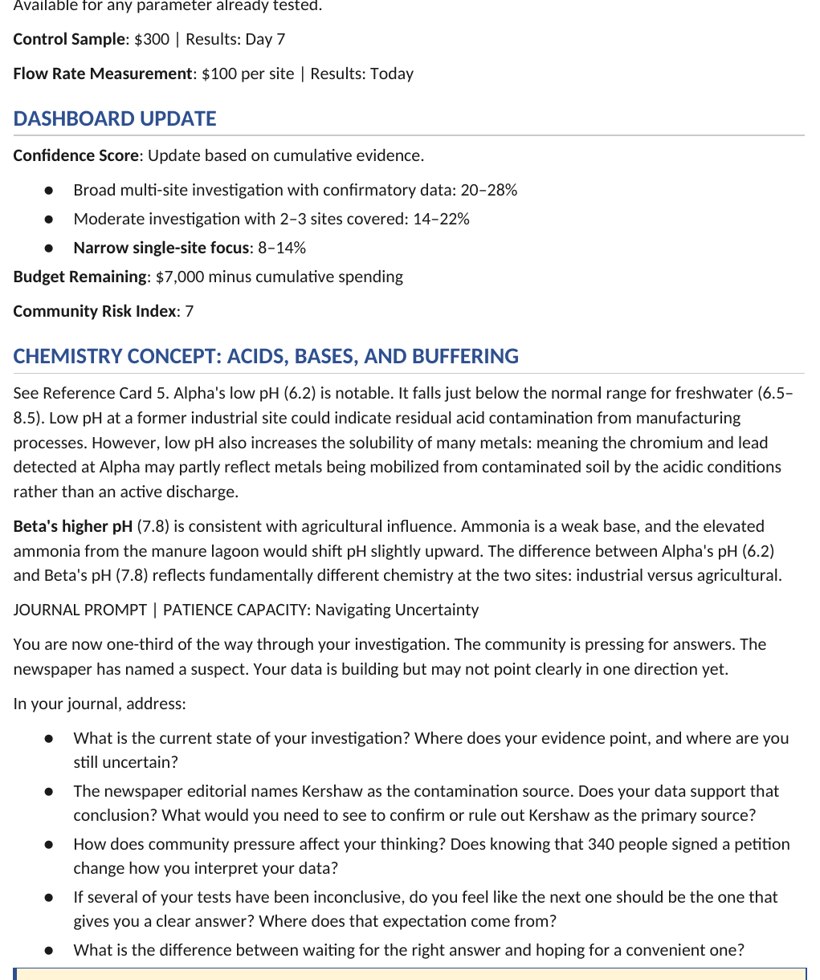 A daily data release sheet from the simulation showing field test results, costs, and the town's risk and confidence metrics.