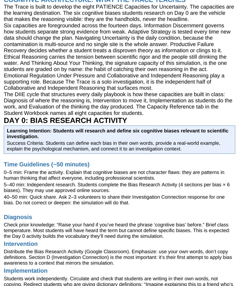 The teacher guide playbook showing a scripted daily session with facilitation prompts, timing, and chemistry answer keys.