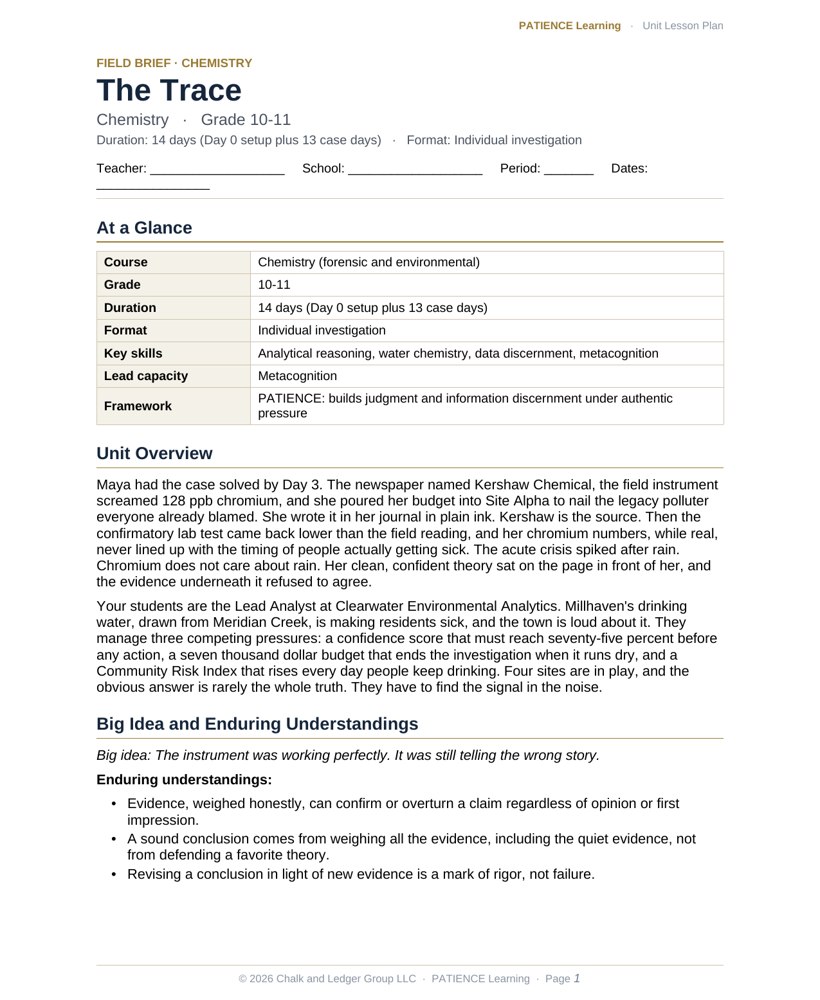 The included admin-ready lesson plan for The Trace, first page