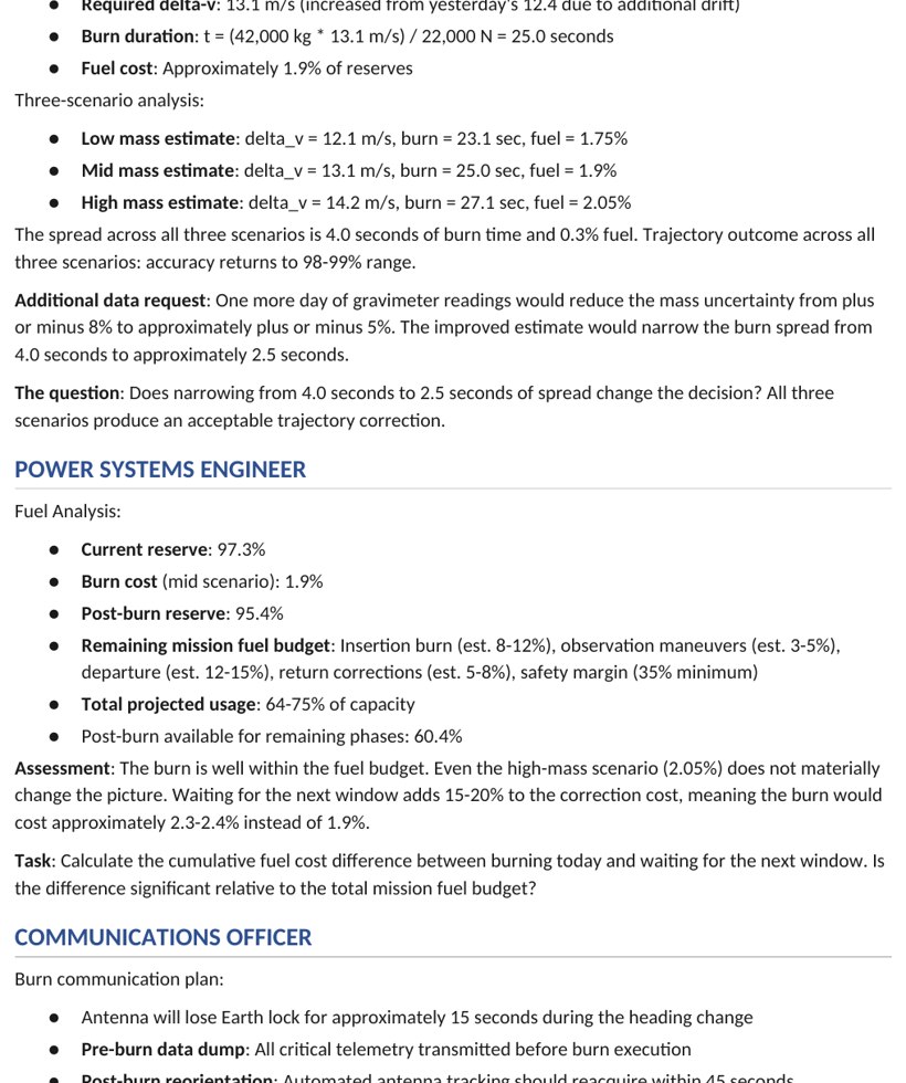 A student mission case page showing telemetry from the Athena IV craft, with a burn decision and the metrics it will move.