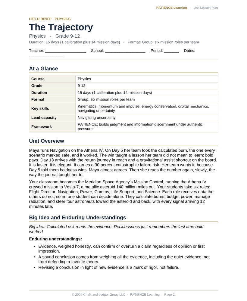 The included admin-ready lesson plan for The Trajectory, first page