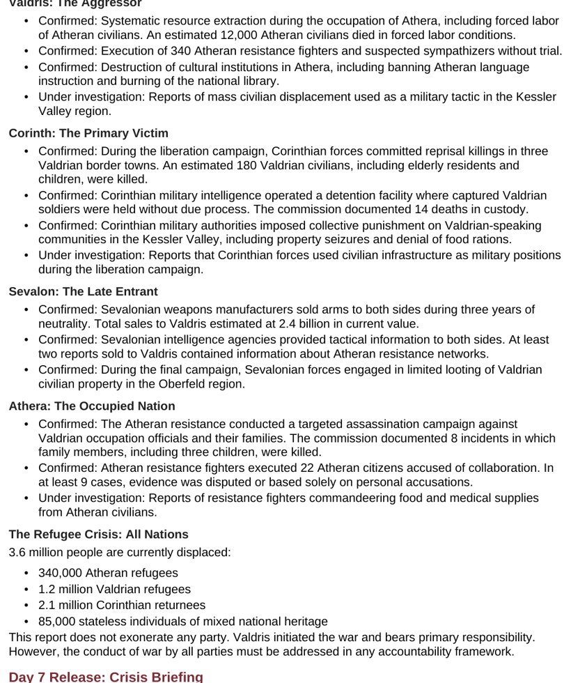 A daily release page showing a war aftermath briefing with casualty figures, refugee counts, and proposed treaty provisions for student delegations to weigh.