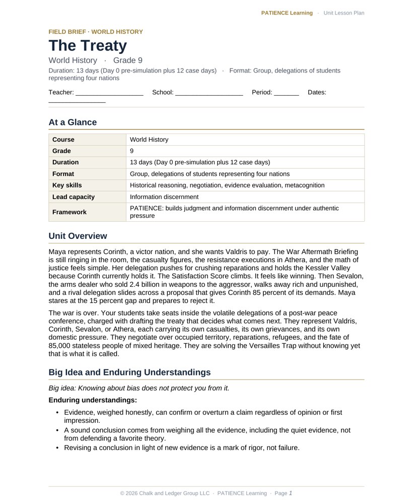 The included admin-ready lesson plan for The Treaty, first page