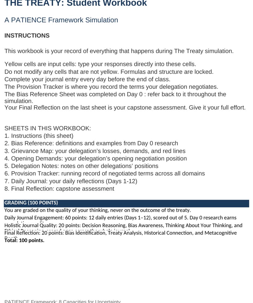 A 10-sheet Excel student workbook showing yellow input cells, a grievance map, and a bias tracker.