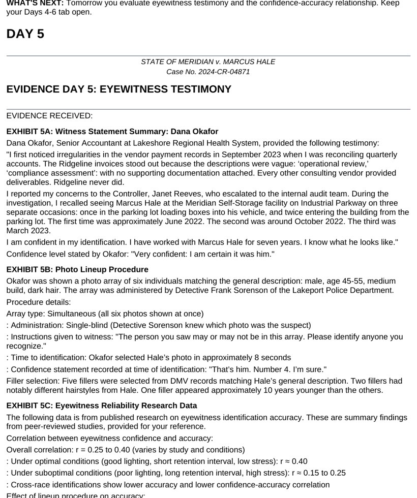 A student-facing case day from the simulation, showing the prosecution and defense evidence release with statistical exhibits.