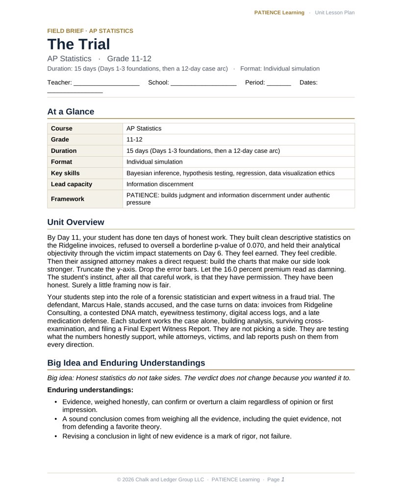 The included admin-ready lesson plan for The Trial, first page
