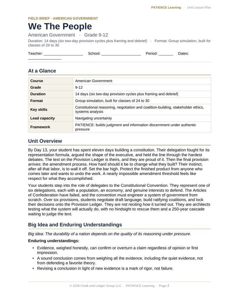 The included admin-ready lesson plan for We The People, first page