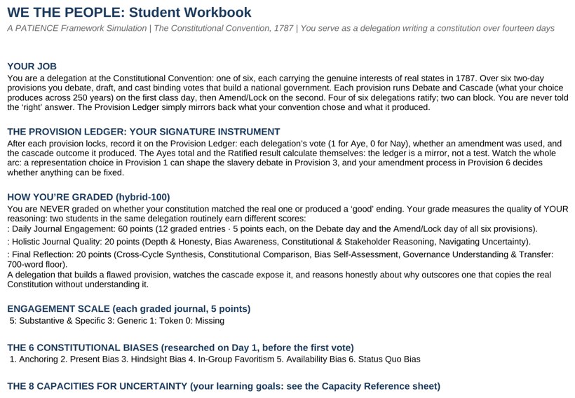 The student Workbook spreadsheet with structured tabs for the Provision Ledger, vote tracking, and the daily journal.