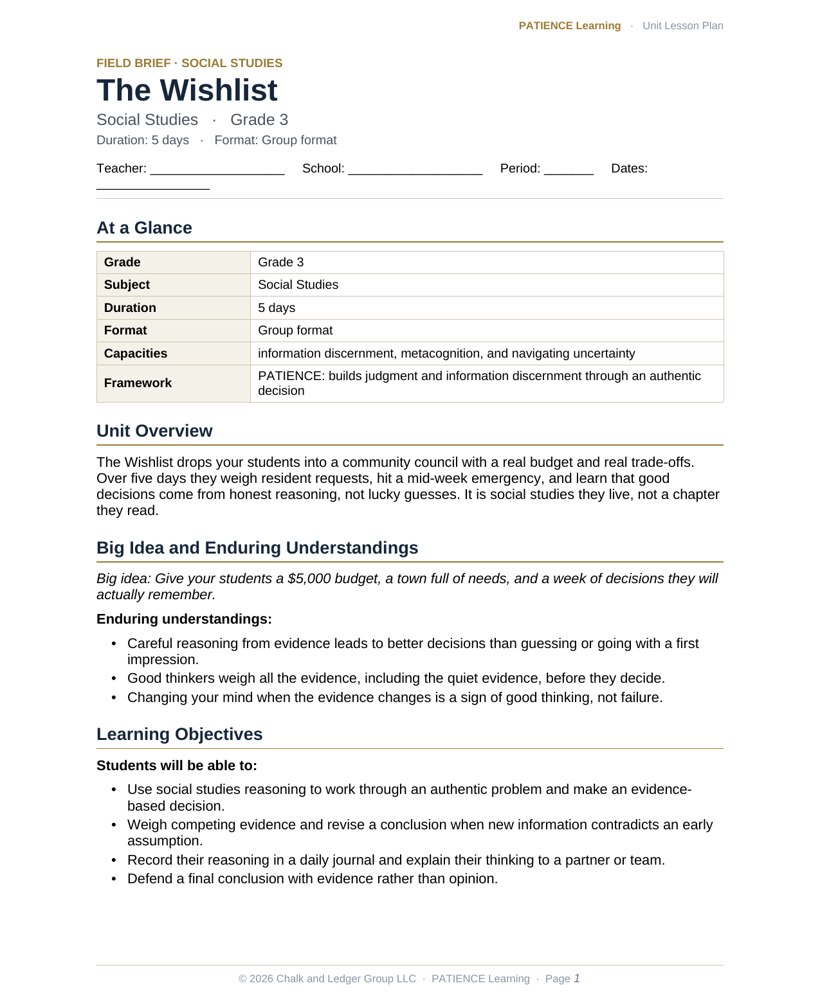 The included admin-ready lesson plan for The Wishlist, first page